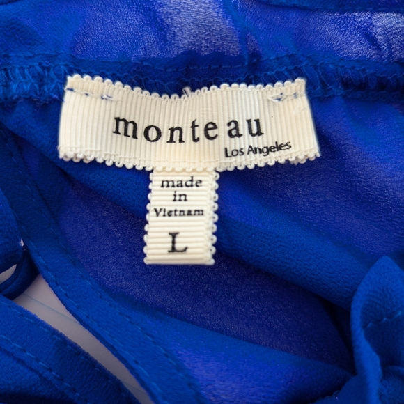 Monteau Los Angeles Royal Blue Chiffon Lined Blouse Size Large - Picture 3 of 8
